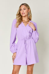 Double Take Full Size Drawstring Long Sleeve Romper Lavender OutfitFlow